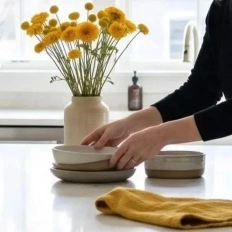 Person stacking white plates on a kitchen countertop with a yellow cloth nearby. A white vase with yellow flowers is in the background.