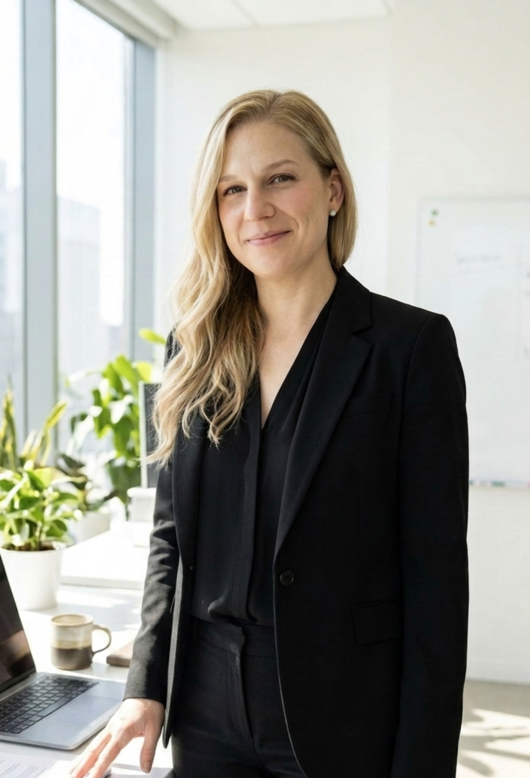 A woman with long blonde hair wearing a black business suit, standing in an office with large windows, a whiteboard, and plants in the background.