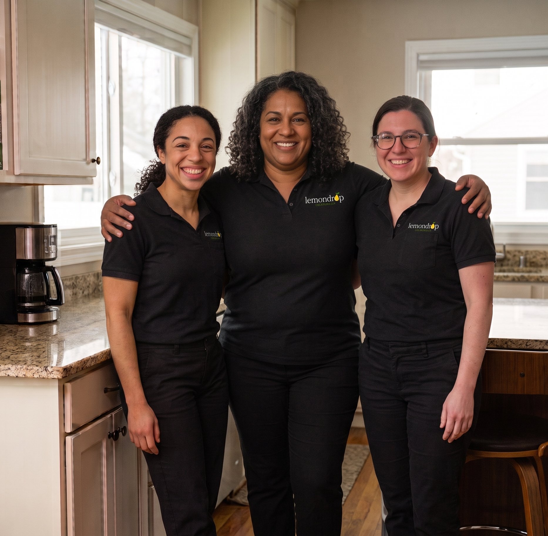 Three women standing in a kitchen with arms around each other, smiling at the camera. They are wearing black shirts with the logo 'lemon drop'.