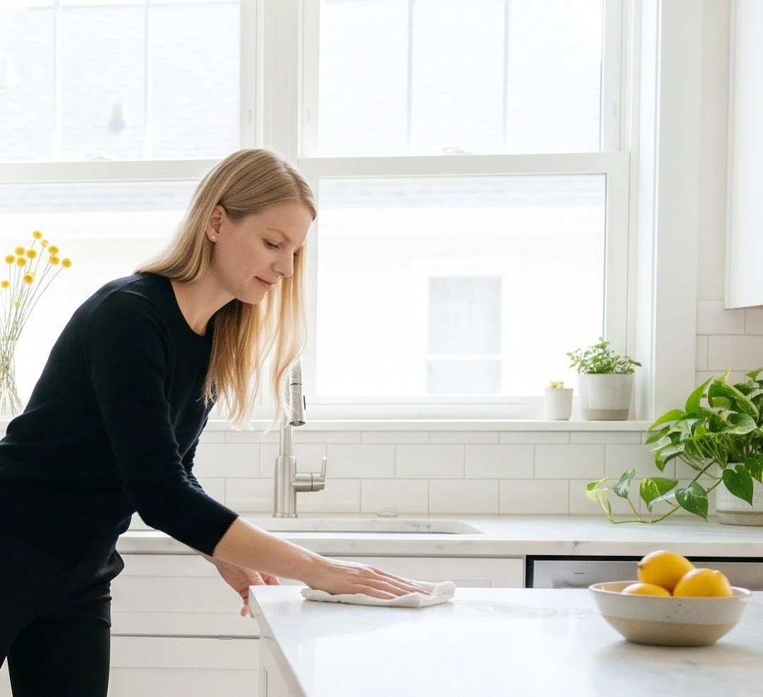 Woman cleaning kitchen countertop with cloth in bright kitchen with large window, potted plants, and a bowl of lemons.
