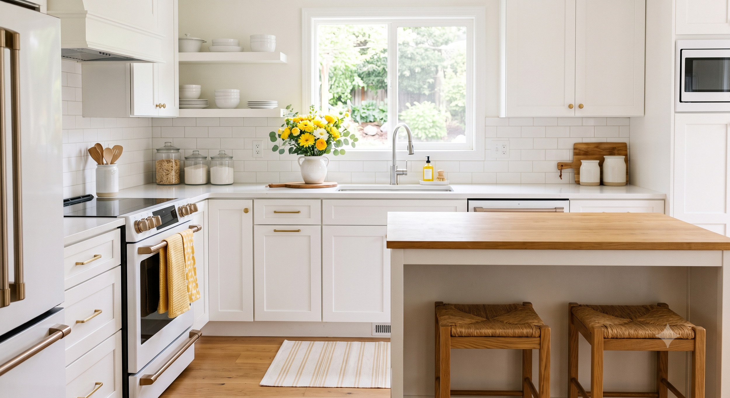 Bright kitchen with white cabinets, gold hardware, a window above the sink, yellow flowers in a white vase, a wooden cutting board, jars, and stools at a wooden island.