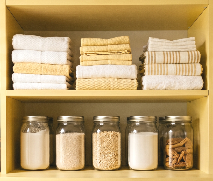 A yellow shelf with neatly folded towels on the top shelf and glass jars containing various dry ingredients on the bottom shelf.