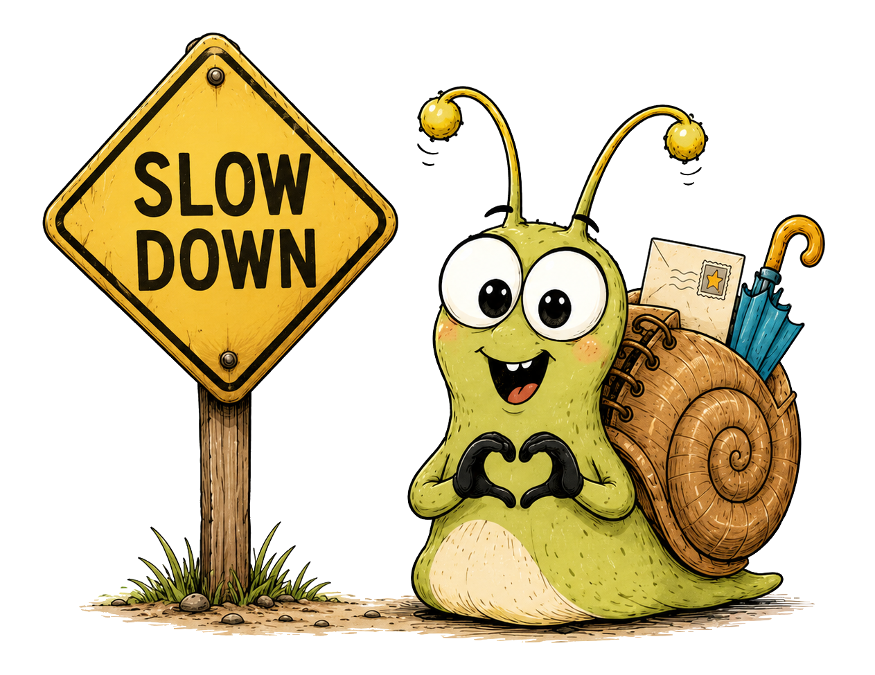 A cartoon snail with big eyes and a smiling face, making a heart shape with its hands, standing near a yellow road sign that says 'Slow Down'; the snail has a large shell filled with mail.