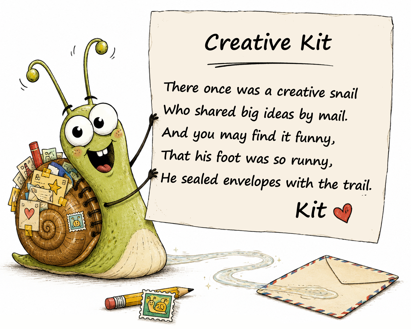 There once was a creative snail who shared big ideas by mail. And, you may find it funny, that his foot was so runny, he sealed envelopes with the trail.