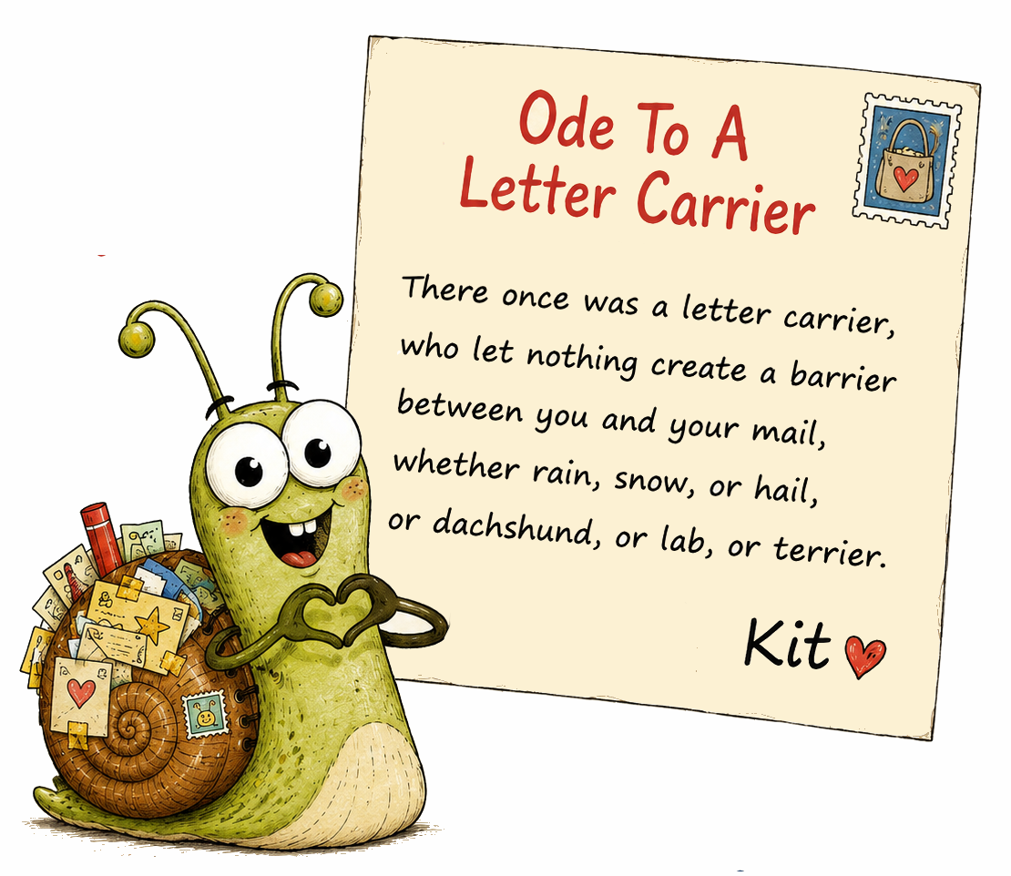 There once was a letter carrier who let nothing create a barrier between you and your mail whether rain, snow, or hail, or dachshund, or lab, or terrier.