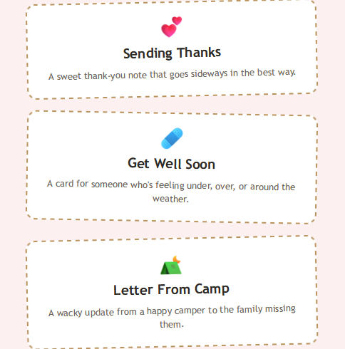 showing the selection of letter types: Sending Thanks, Get Well Soon, Letter From Camp