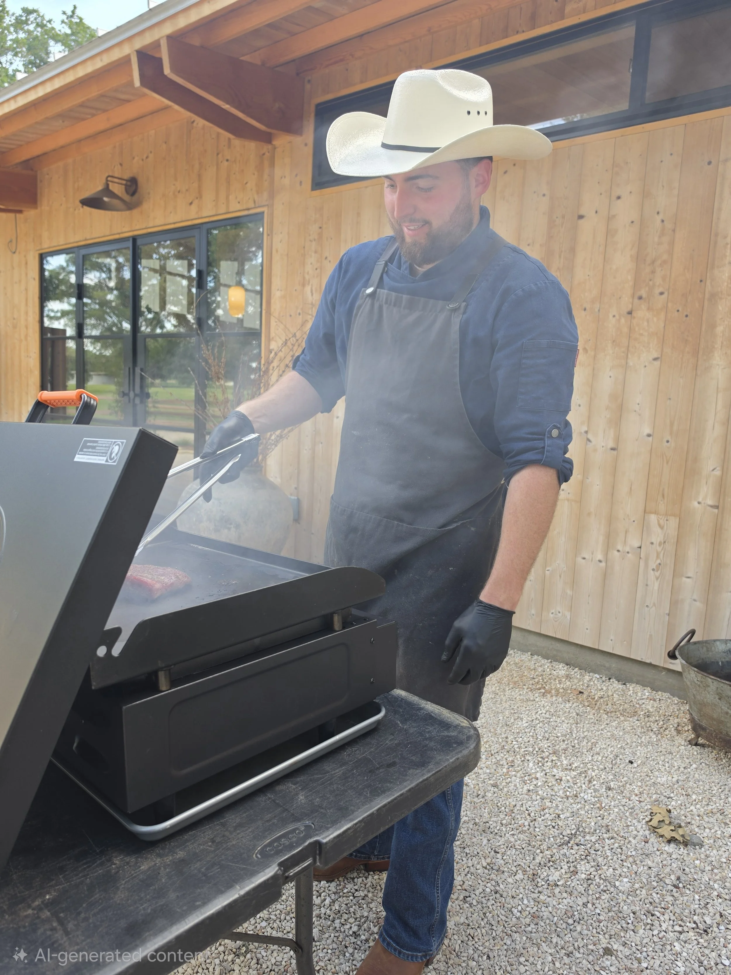 A man wearing a cowboy hat and apron grilling outdoors on a barbecue stove with a wooden building in the background.