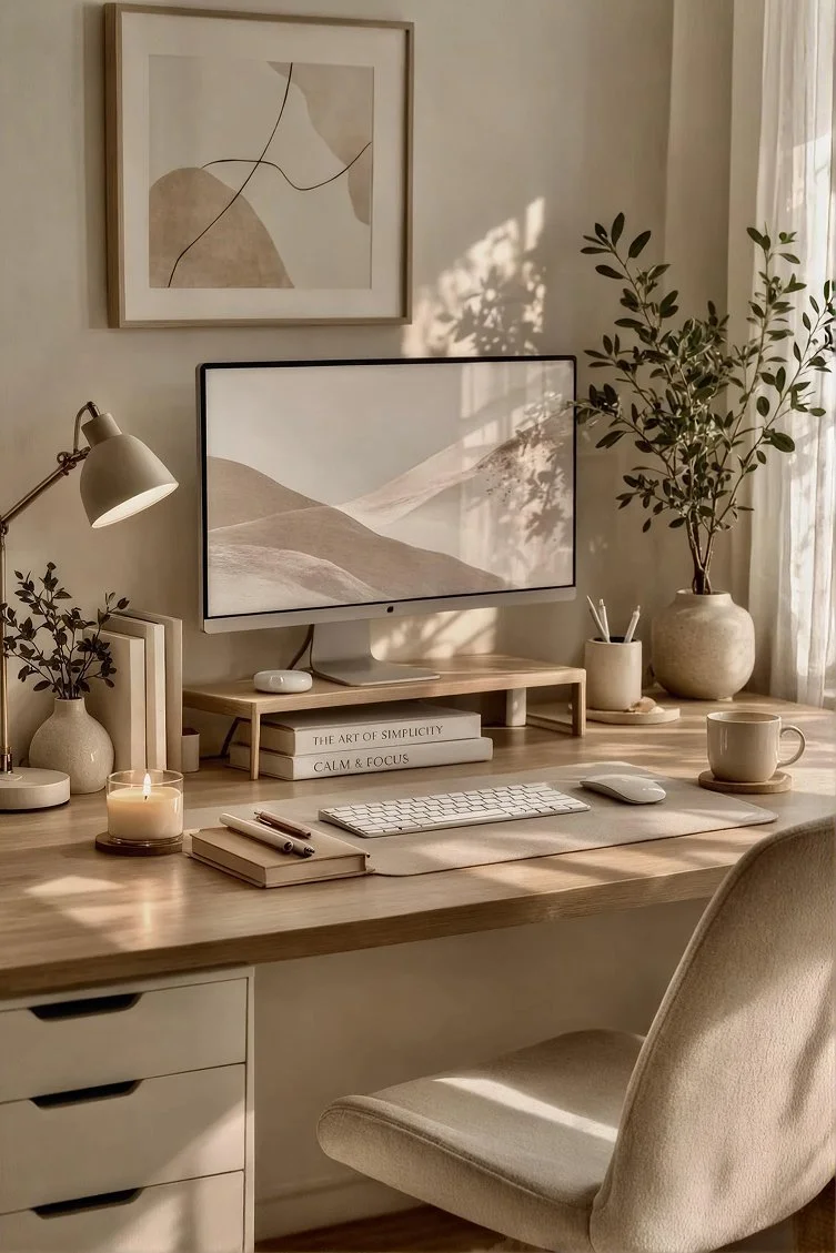 A tidy, minimalist home workspace with a wooden desk, an Apple iMac, books, a keyboard, a mouse, a notebook, pens, a lit candle, a mug, and decorative plants. Sunlight filters through a nearby window.