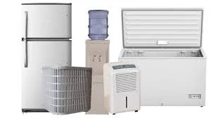 Appliances including a refrigerator, water cooler, chest freezer, dehumidifier, and portable air conditioner.