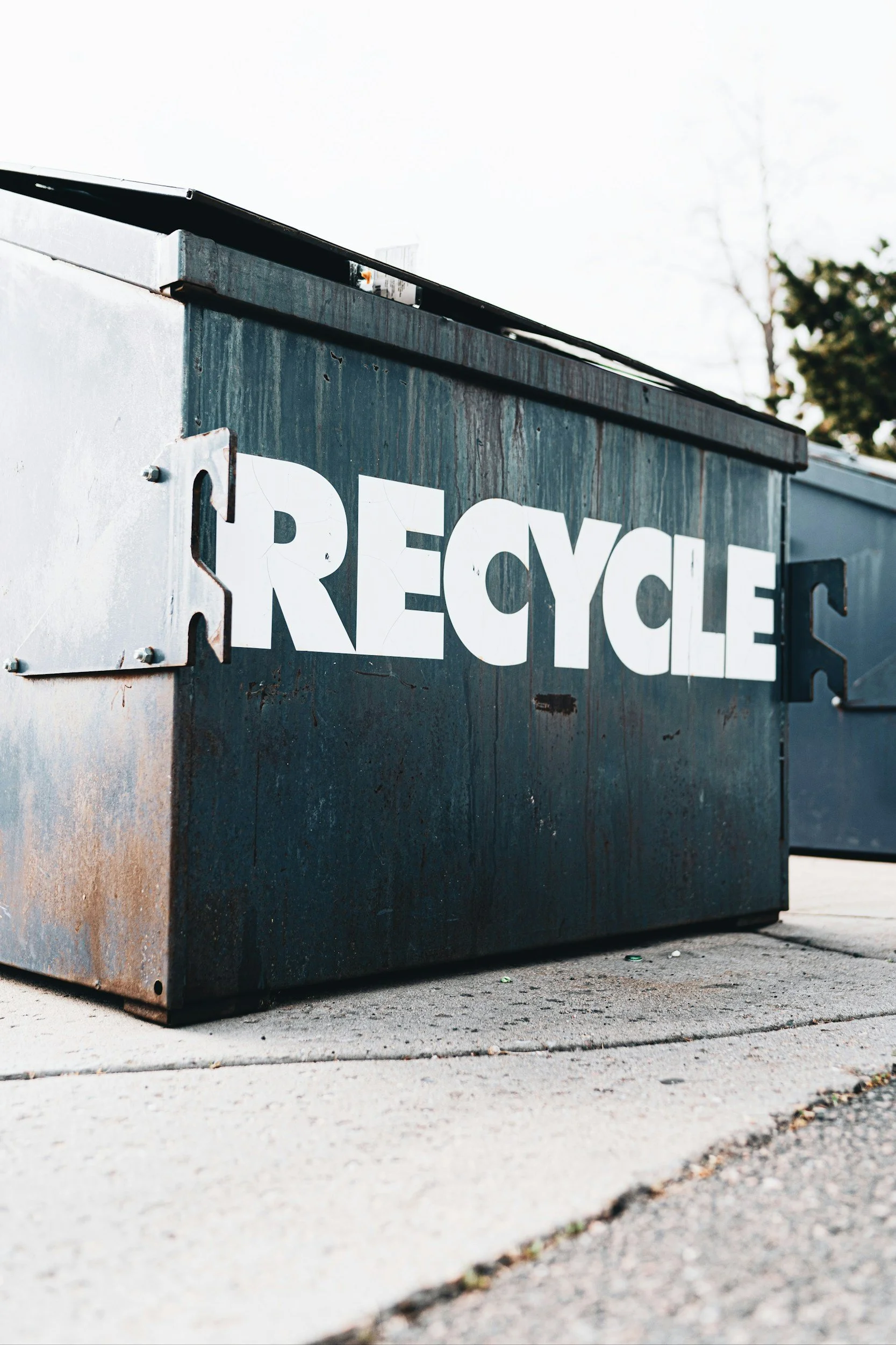A black recycling bin with a white 'RECYCL' sign on it is placed on a sidewalk with cement cracks and small pebbles, and some green leaves are scattered nearby.