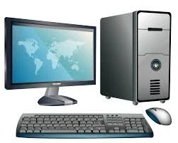 A computer setup with a monitor displaying a world map, a tower CPU, a keyboard, and a mouse.