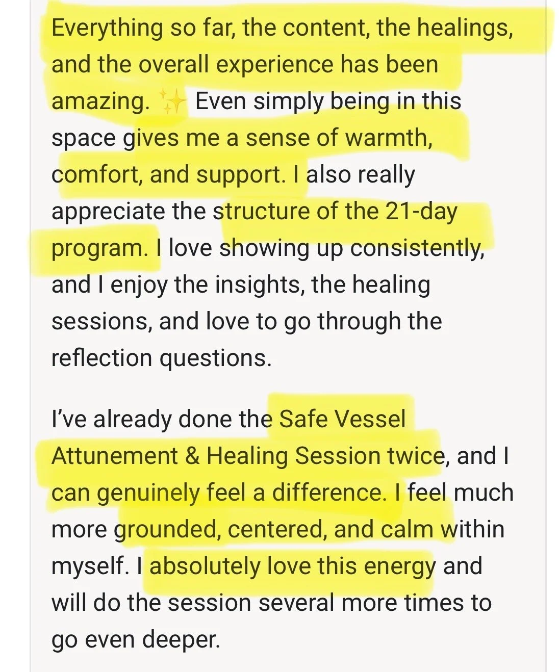 A page of a written review with yellow-highlighted sections about healing experiences, programs, and energy feelings.