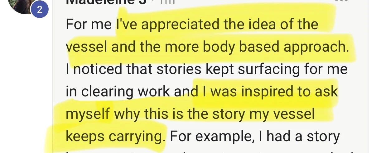 Highlighted text from a document discussing the idea of a vessel and body-based approach, inspired by stories.
