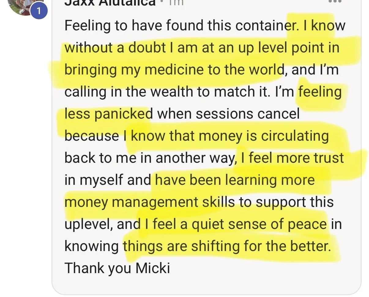 Highlighted excerpt of a text message expressing feelings of confidence, trust, and peace related to money management and personal growth.