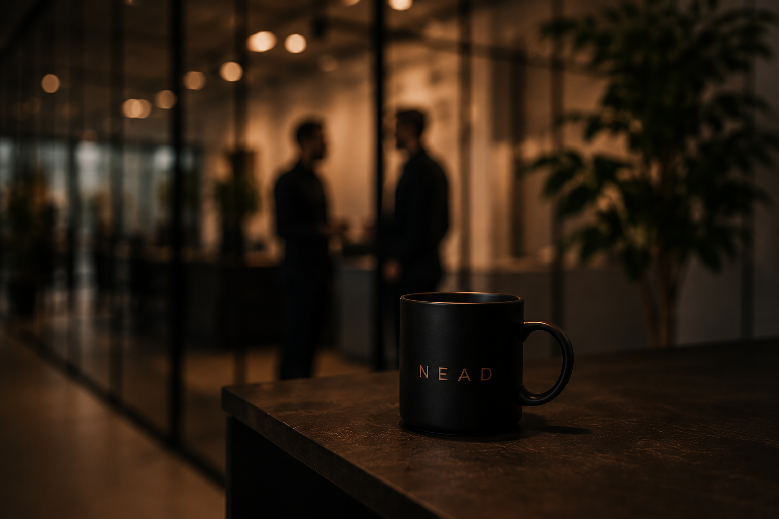 A black coffee mug with the word 'NEAD' written on it sits on a wooden table in a dark, modern office space. In the background, two people are standing and talking behind a glass wall, out of focus.