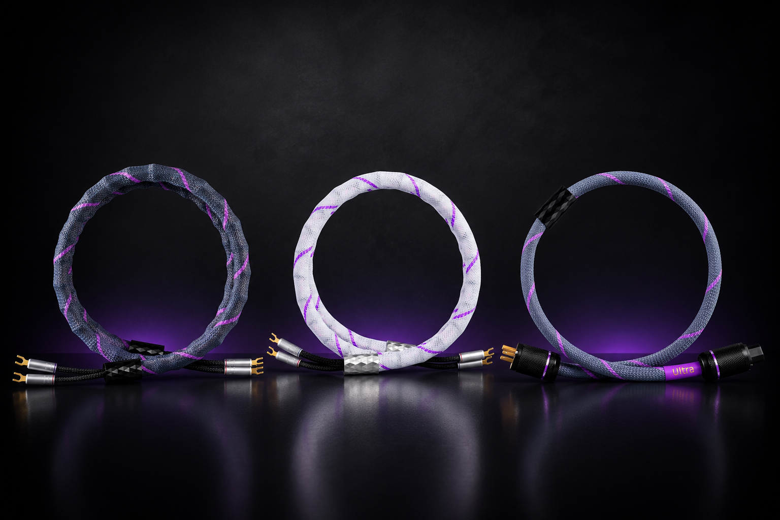 Three illuminated XLO audio cables with braided designs and glowing purple accents, arranged in a row on a dark surface with a black background.