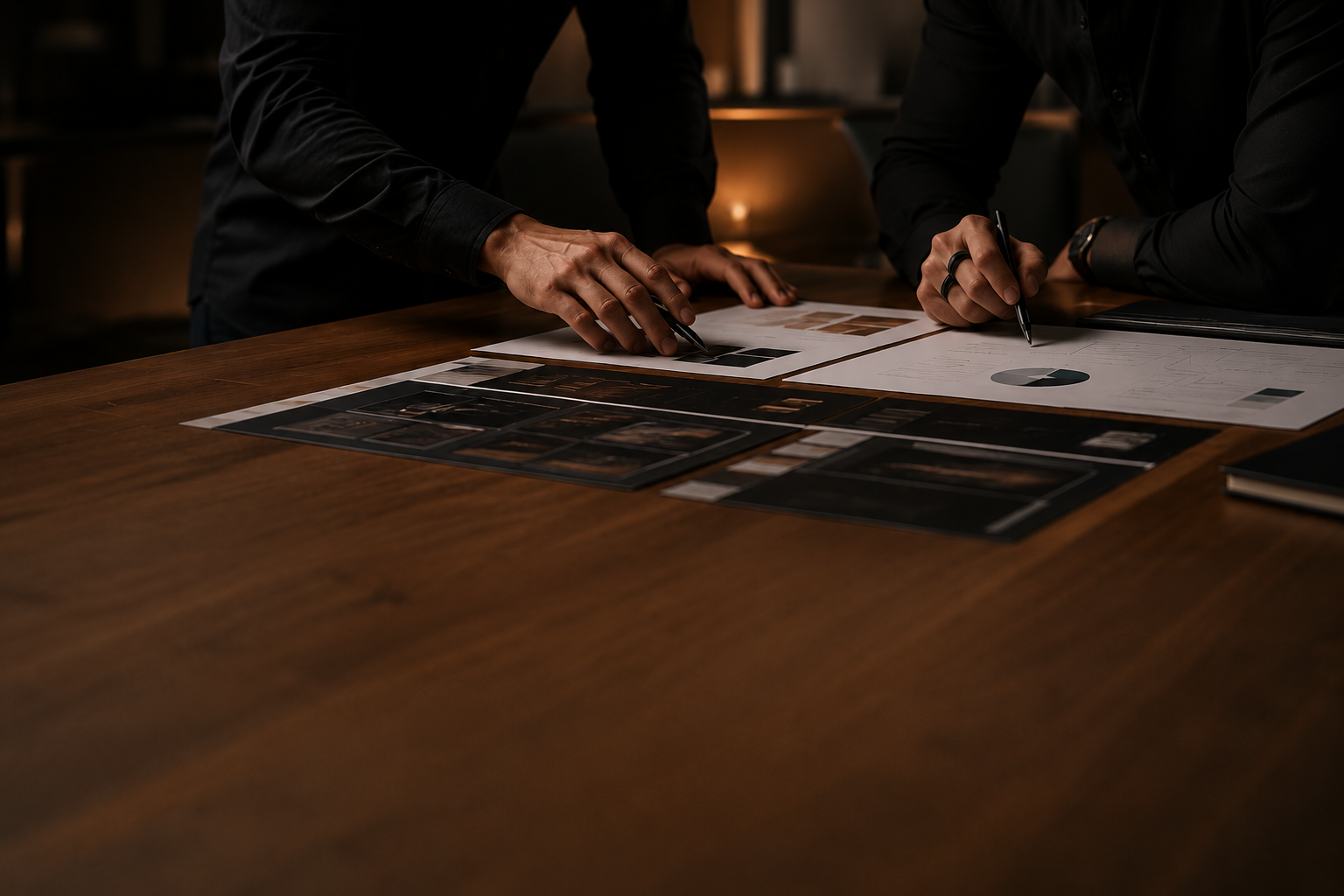 Two people analyzing documents and photographs on a wooden table in a dimly lit setting.