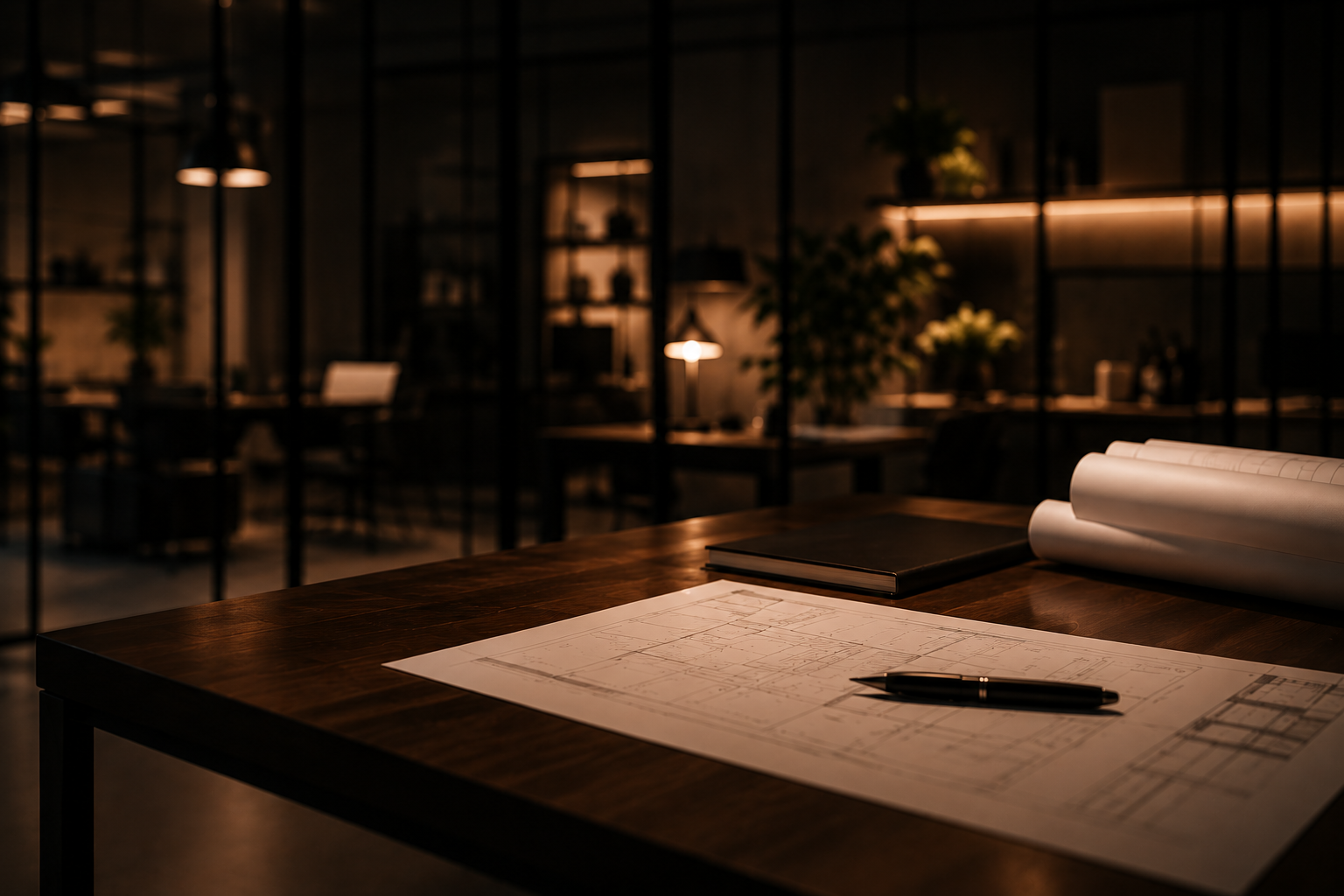 Architectural drawings or blueprints on a desk with a pen, in a dimly lit modern office with books and plants.