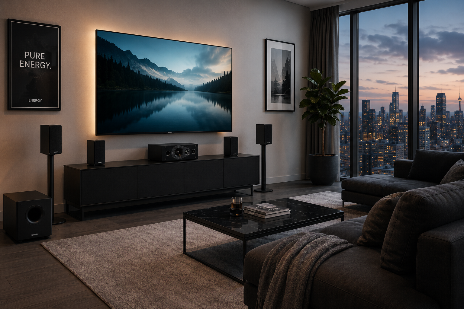 Modern living room with a large flat-screen TV on a black TV stand, surrounded by Energy speakers, with city skyline view through floor-to-ceiling windows, and a dark sofa with pillows and a throw blanket, coffee table with books.