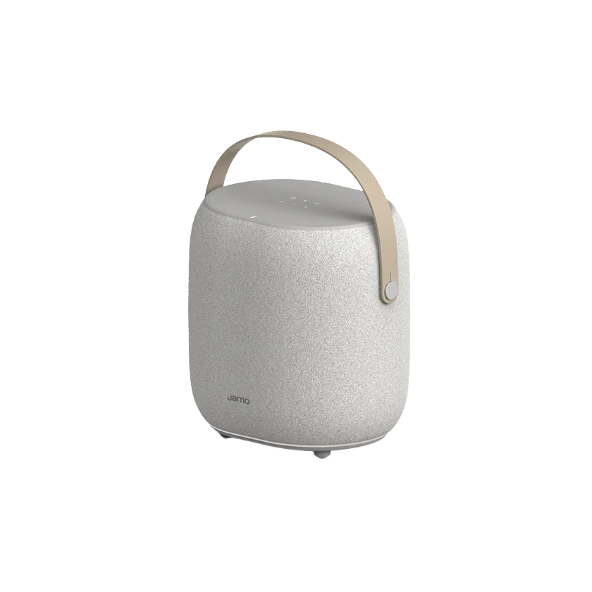 A white portable speaker with a handle on top and control buttons, branded 'Jamo'.