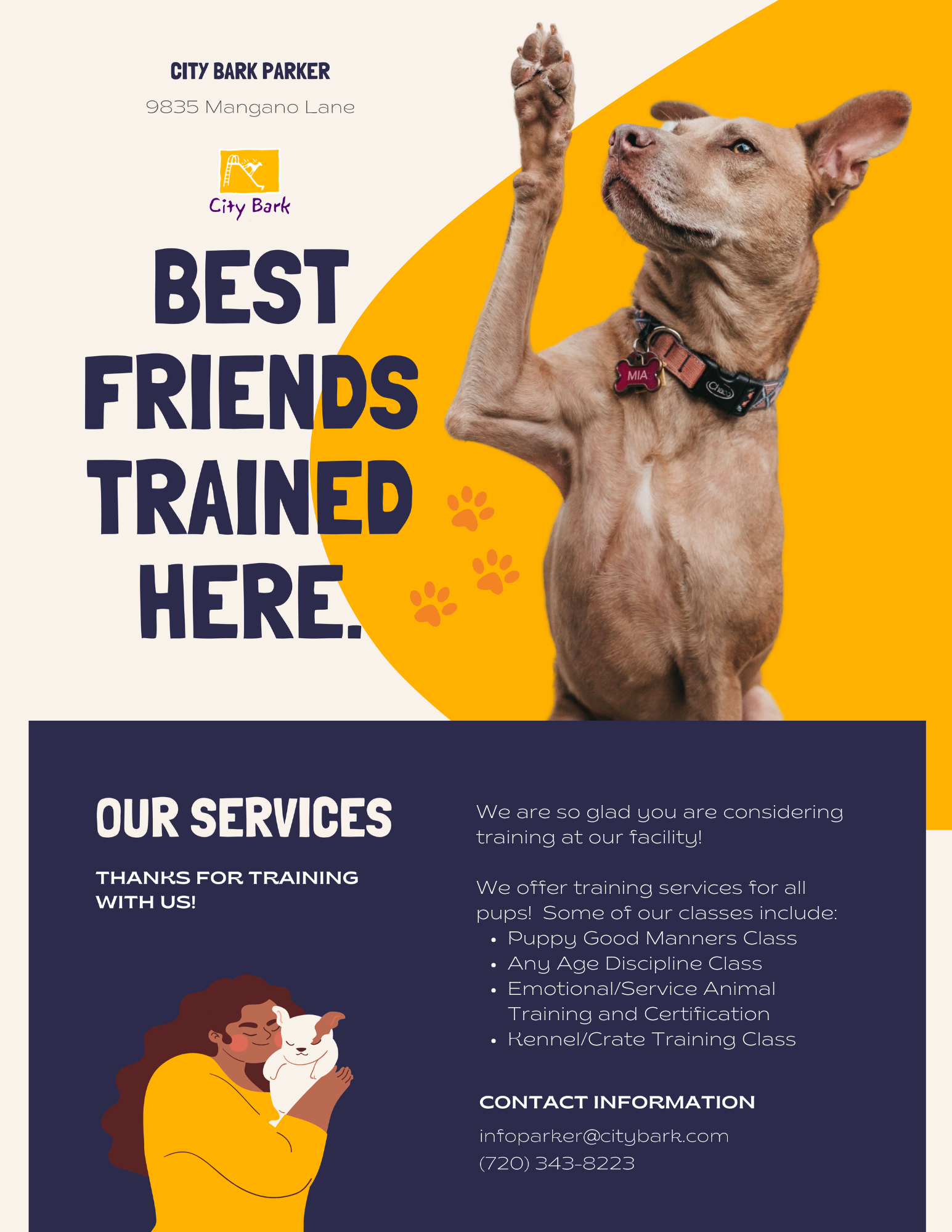 Flyer for City Bark Parker featuring a smiling woman hugging a dog with a dog tag, with text about dog training services and contact information.