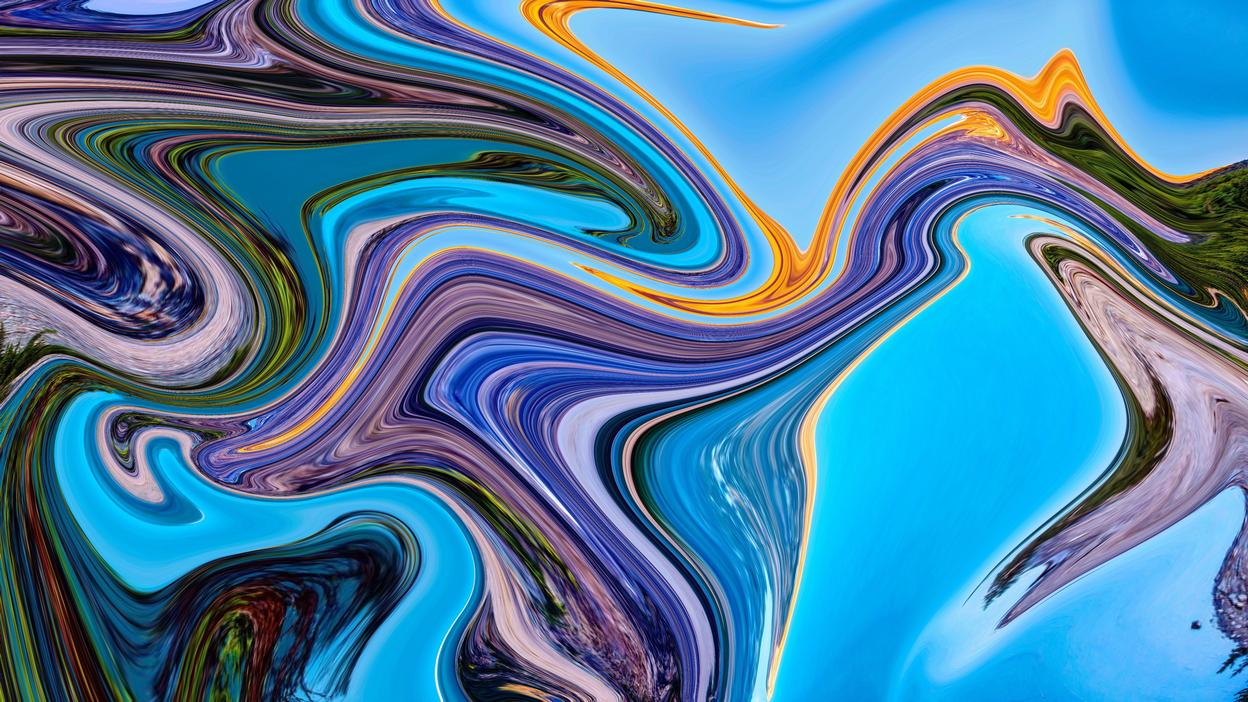 Swirling abstract pattern of vibrant colors including blue, purple, green, orange, and black, resembling a marbled or fluid art design.