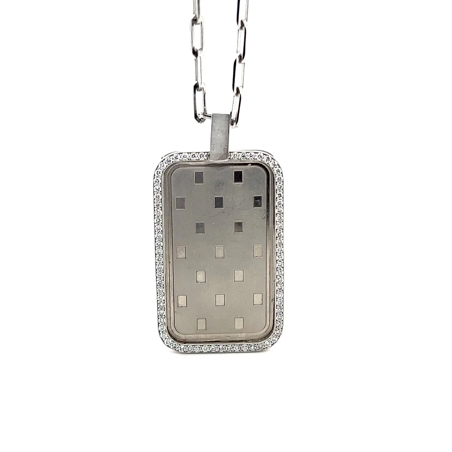 One once platinum dog tag pendant with a rectangular shape, encrusted with Diamonds around its border, attached to a Platinum chain.