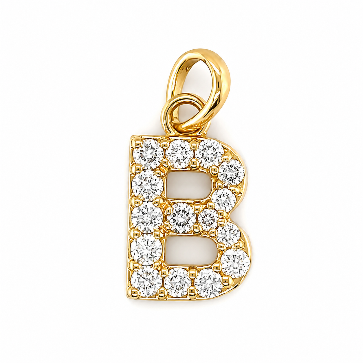Gold letter B pendant adorned with diamonds.