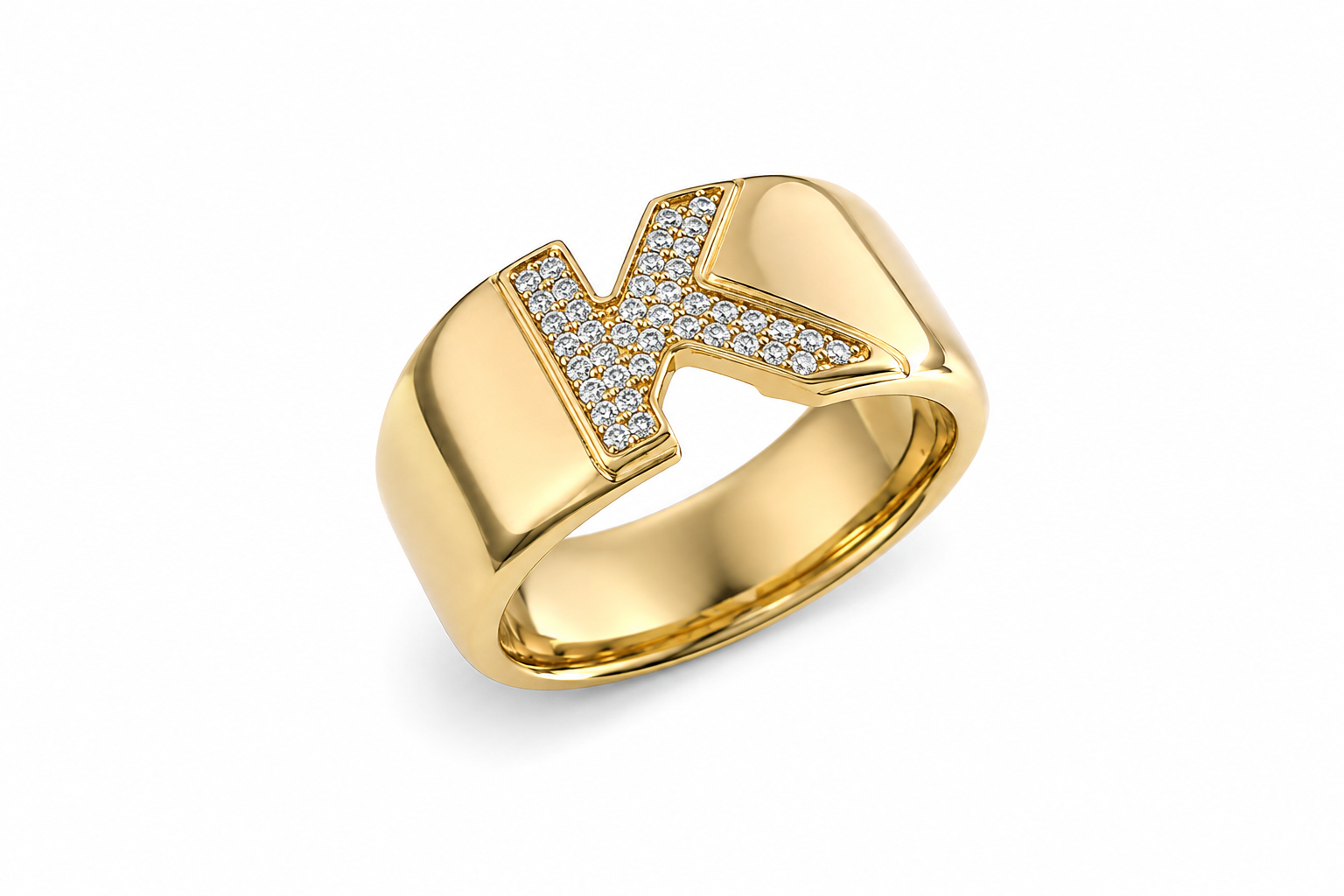 Gold ring with a letter 'K' encrusted with diamonds.