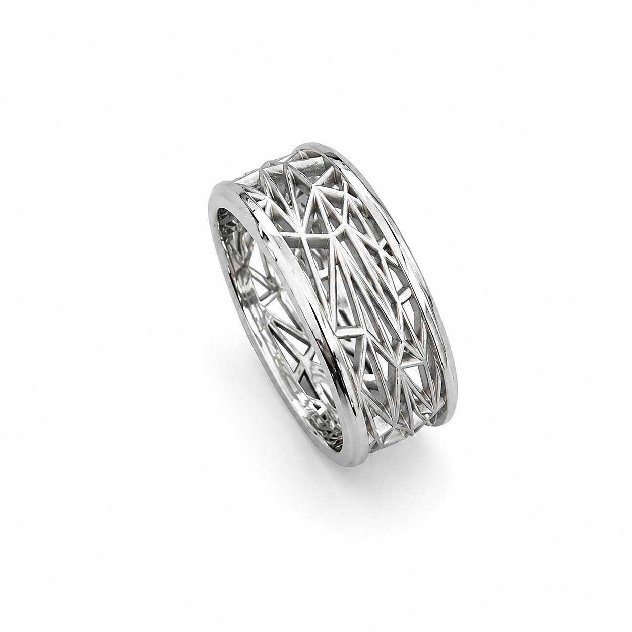 Platinum geometric open-work ring with intricate lattice design on white background.