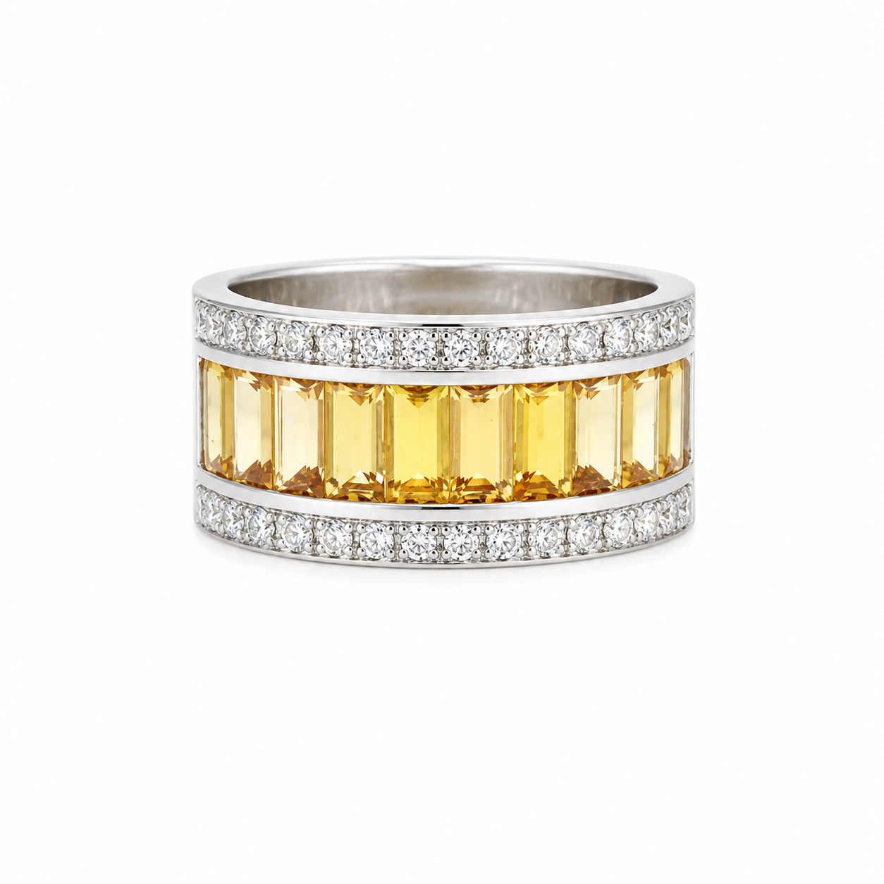 Yellow Sapphire and Diamond band set in Platinum