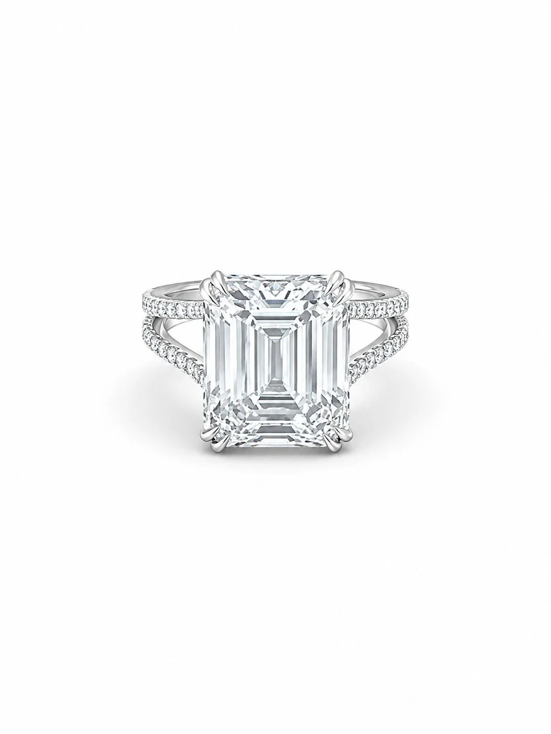 A large cut diamond ring with an emerald cut stone and a split shank band encrusted with smaller diamonds, set  platinum.