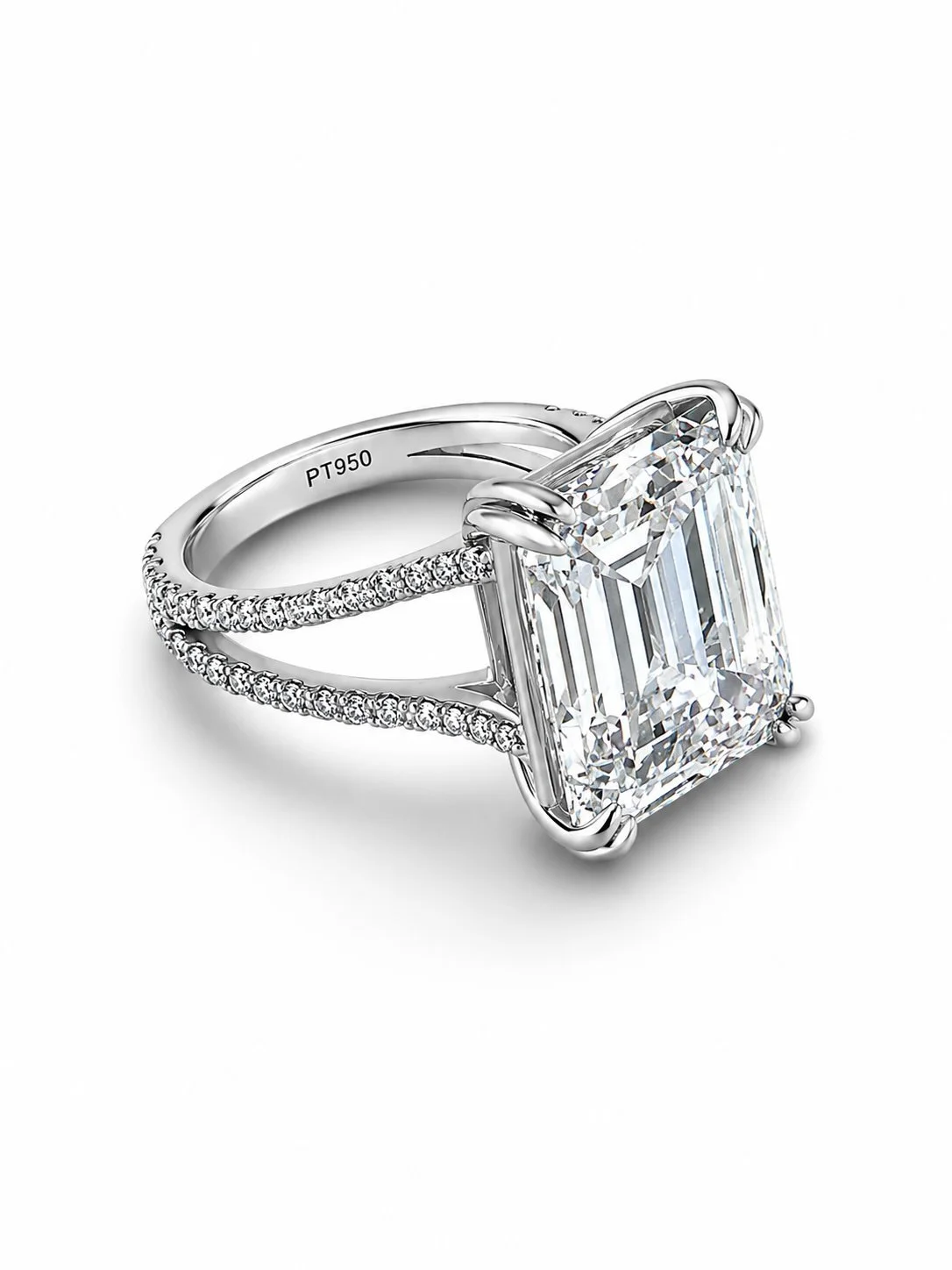 A platinum ring with a large rectangular emerald-cut diamond center stone and smaller diamonds on the band.