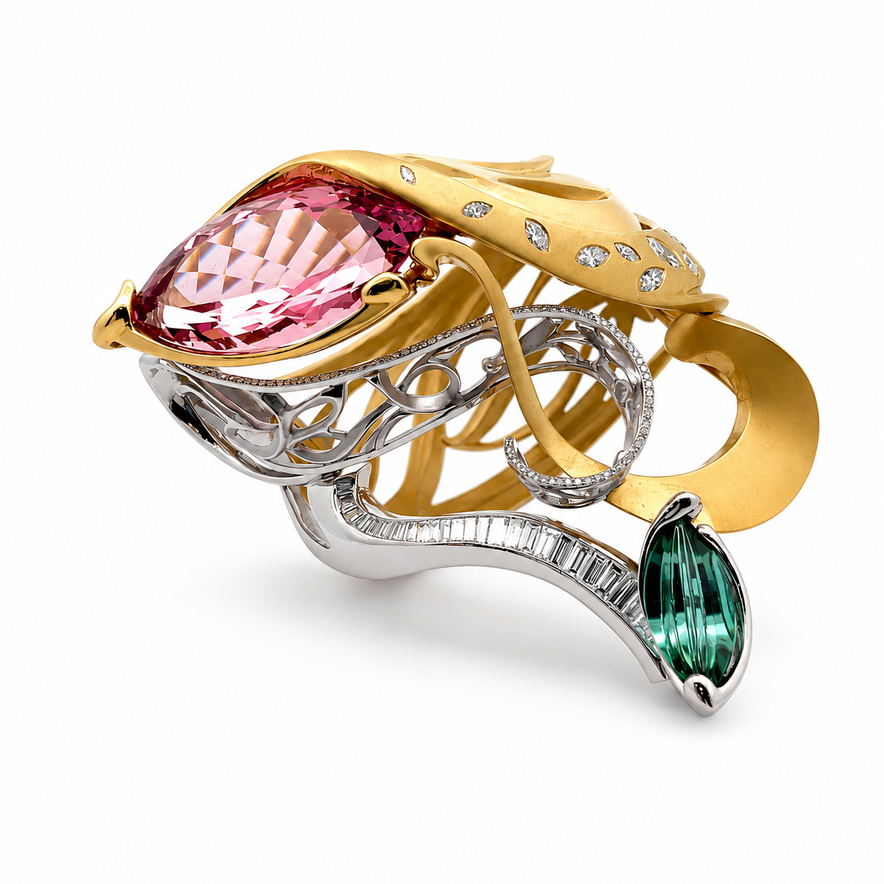 Bespoke, museum piece with Morganite, Tourmaline, Diamonds, Gold and Platinum- "Passages"