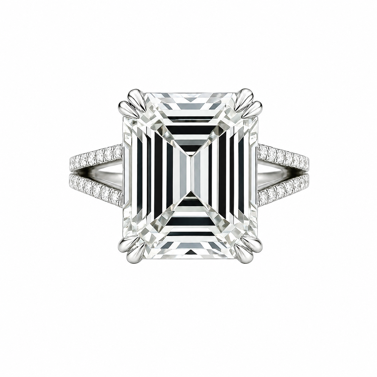 A luxurious diamond engagement ring with an emerald-cut diamond and split shank band adorned with smaller diamonds.