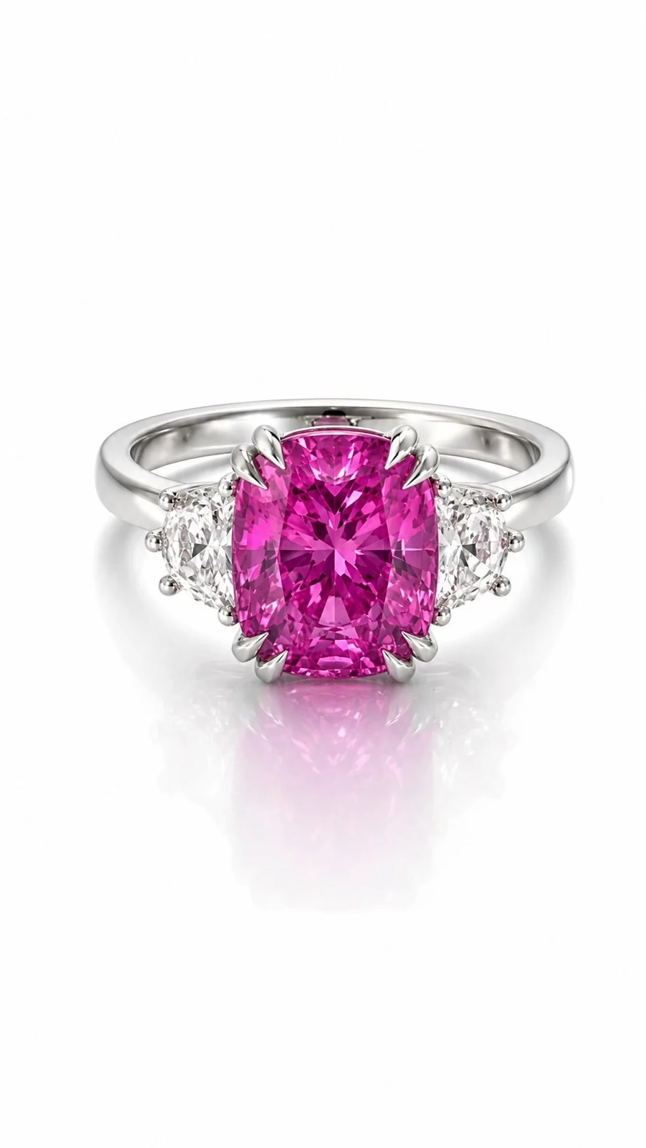 A platinum ring featuring a large, pink sapphire flanked by two diamonds on each side.