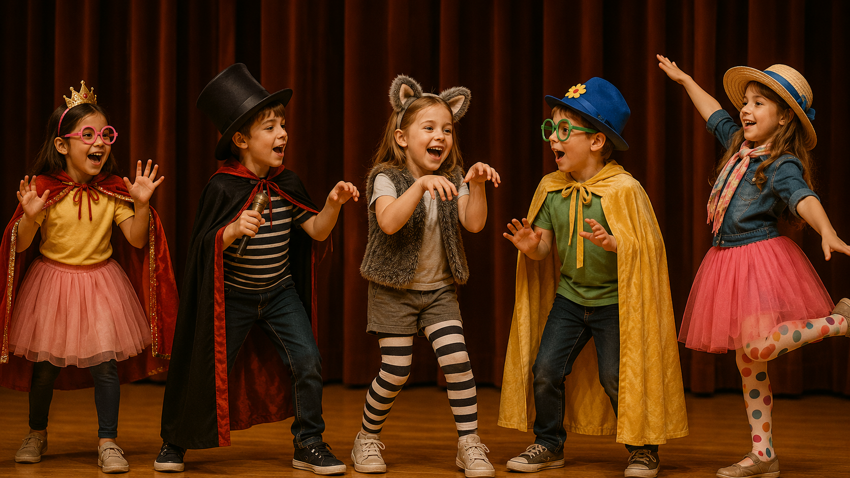 Children dressed in costumes performing on stage, including a princess, magician, animal, wizard, and a ladybug.