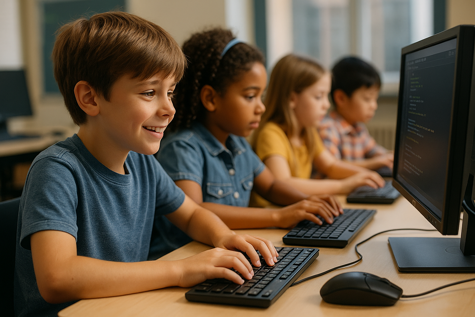 Children sitting at computers in a classroom, engaging in a coding activity.
