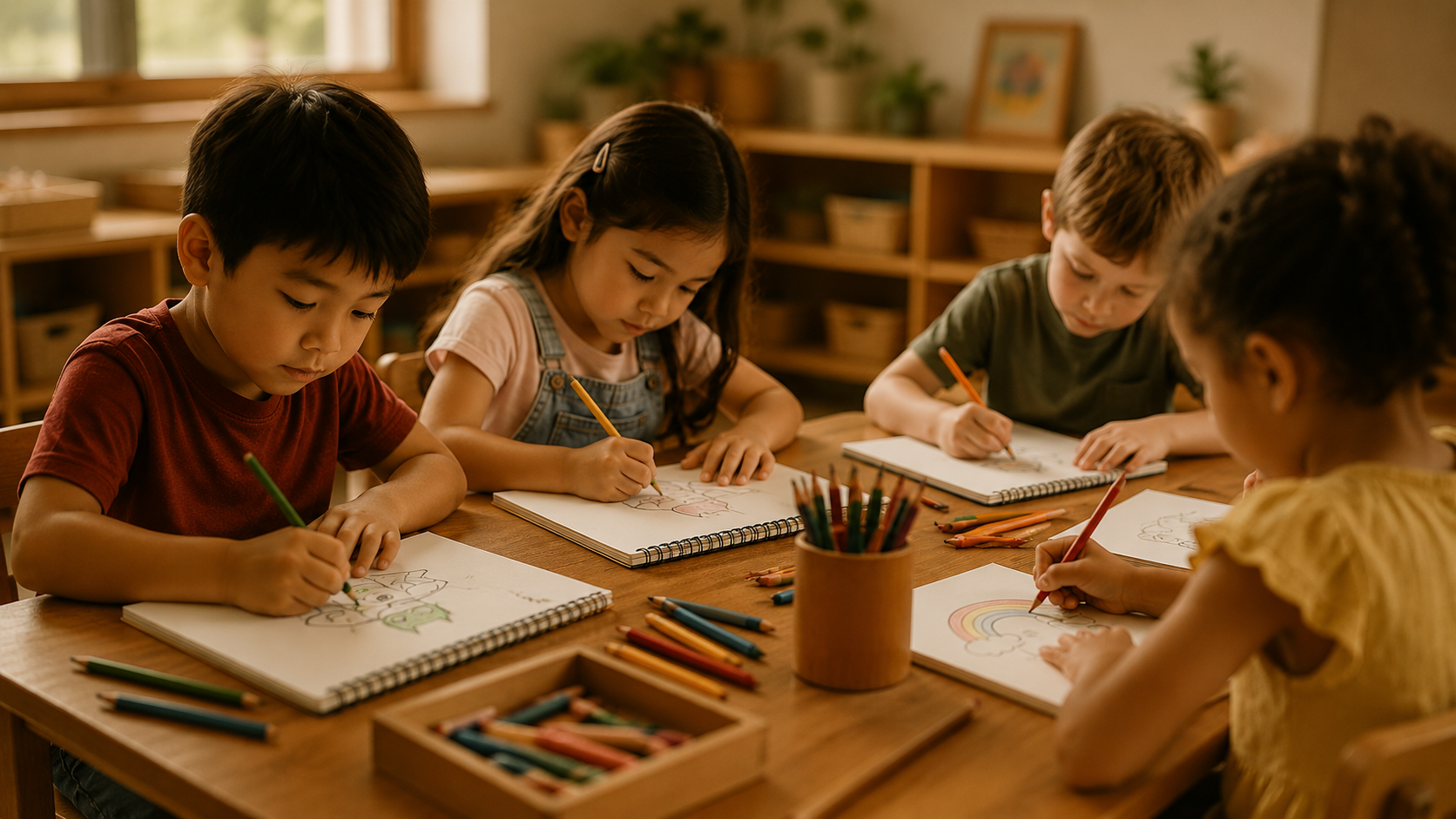 Four children sitting at a table drawing and coloring with crayons in a classroom.
