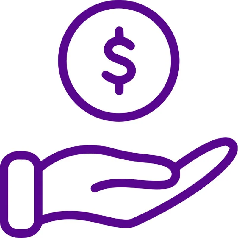 Outline of a hand holding a coin with a dollar sign on it.