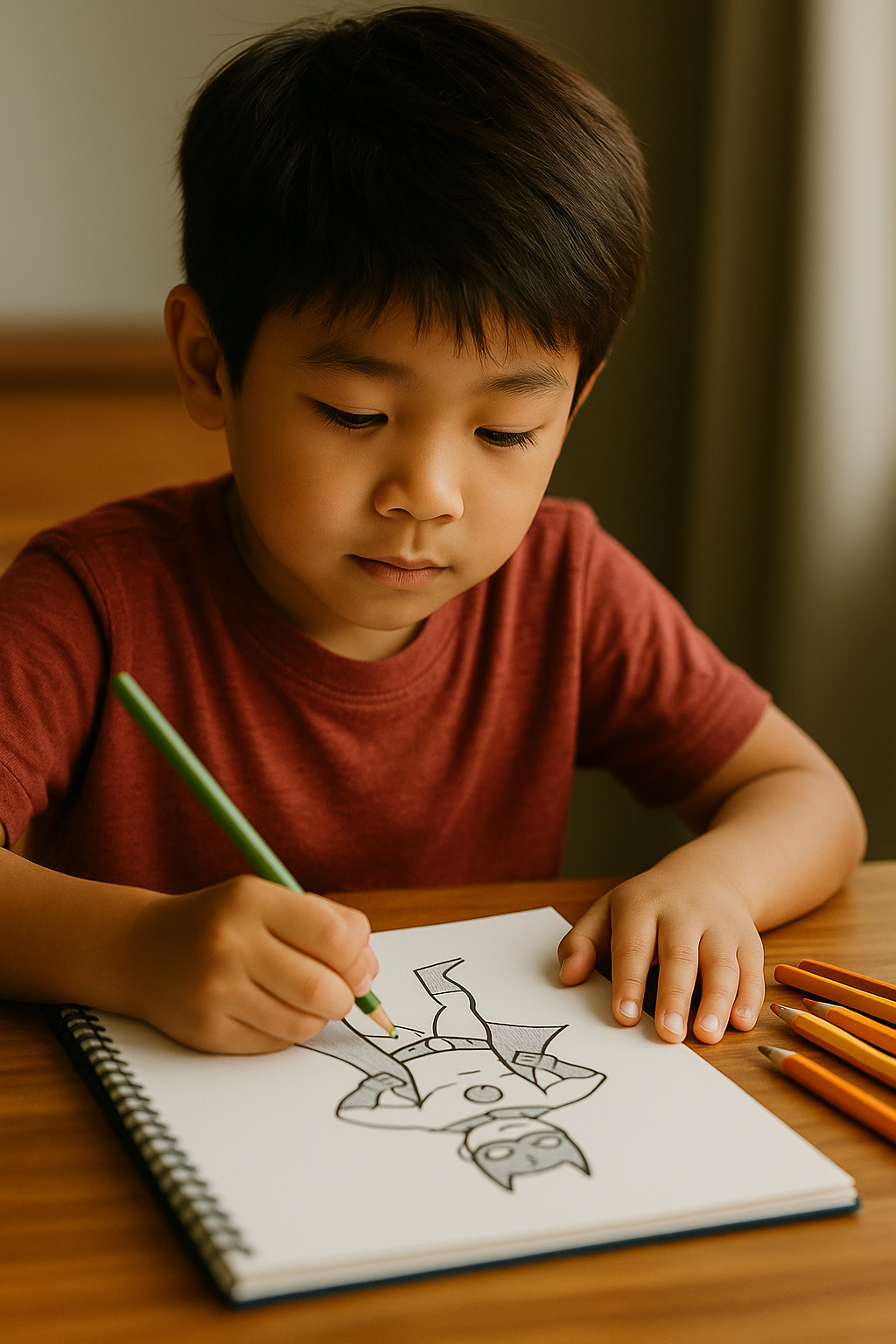 A young boy coloring a drawing of a cartoon character in a sketchbook with colored pencils on a wooden table.