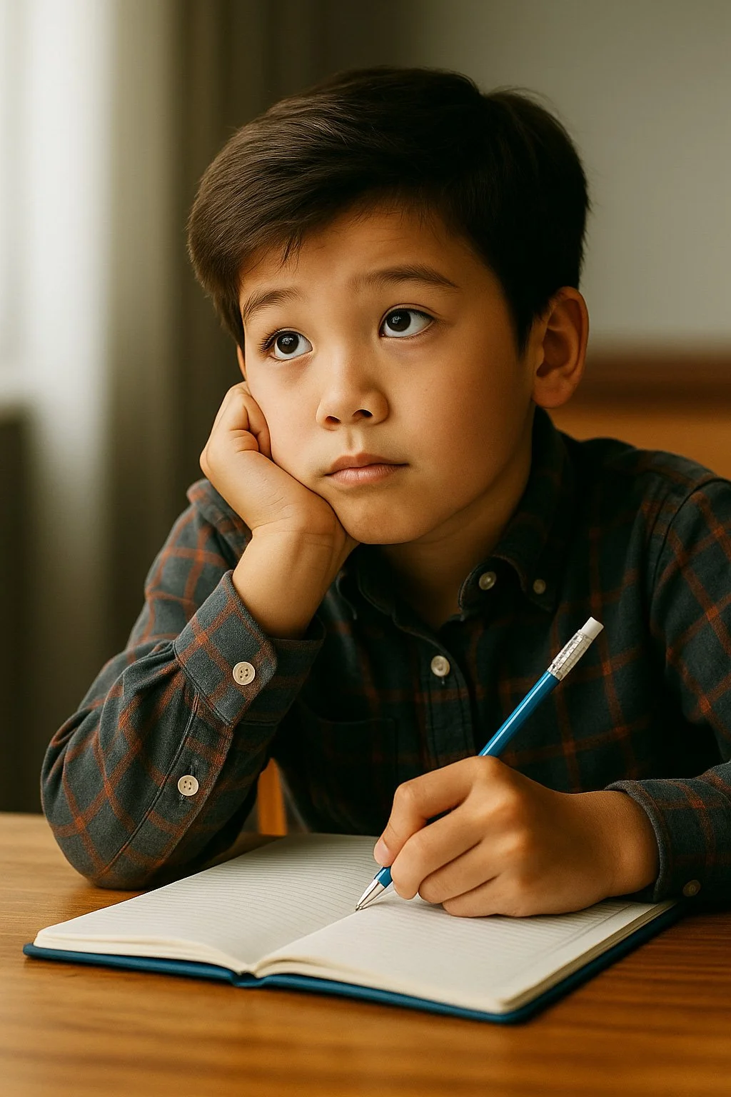 A young boy with dark hair wearing a plaid shirt, resting his face on his hand while sitting at a table with an open notebook and holding a blue pen.