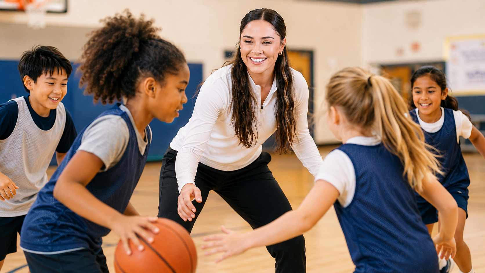 A female basketball coach or teacher coaching a group of young children playing basketball in an indoor gymnasium.