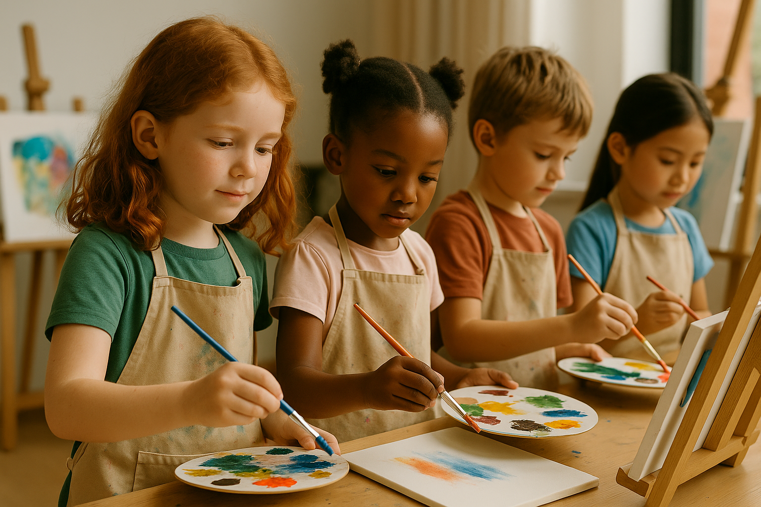 Four children painting at an art class, each holding a paintbrush and a palette, focusing on their artwork.