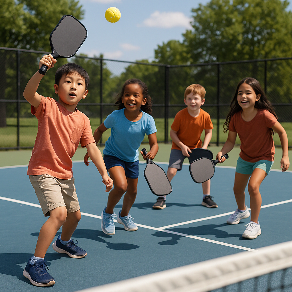 Four children playing paddleball tennis on an outdoor court under a partly cloudy sky.