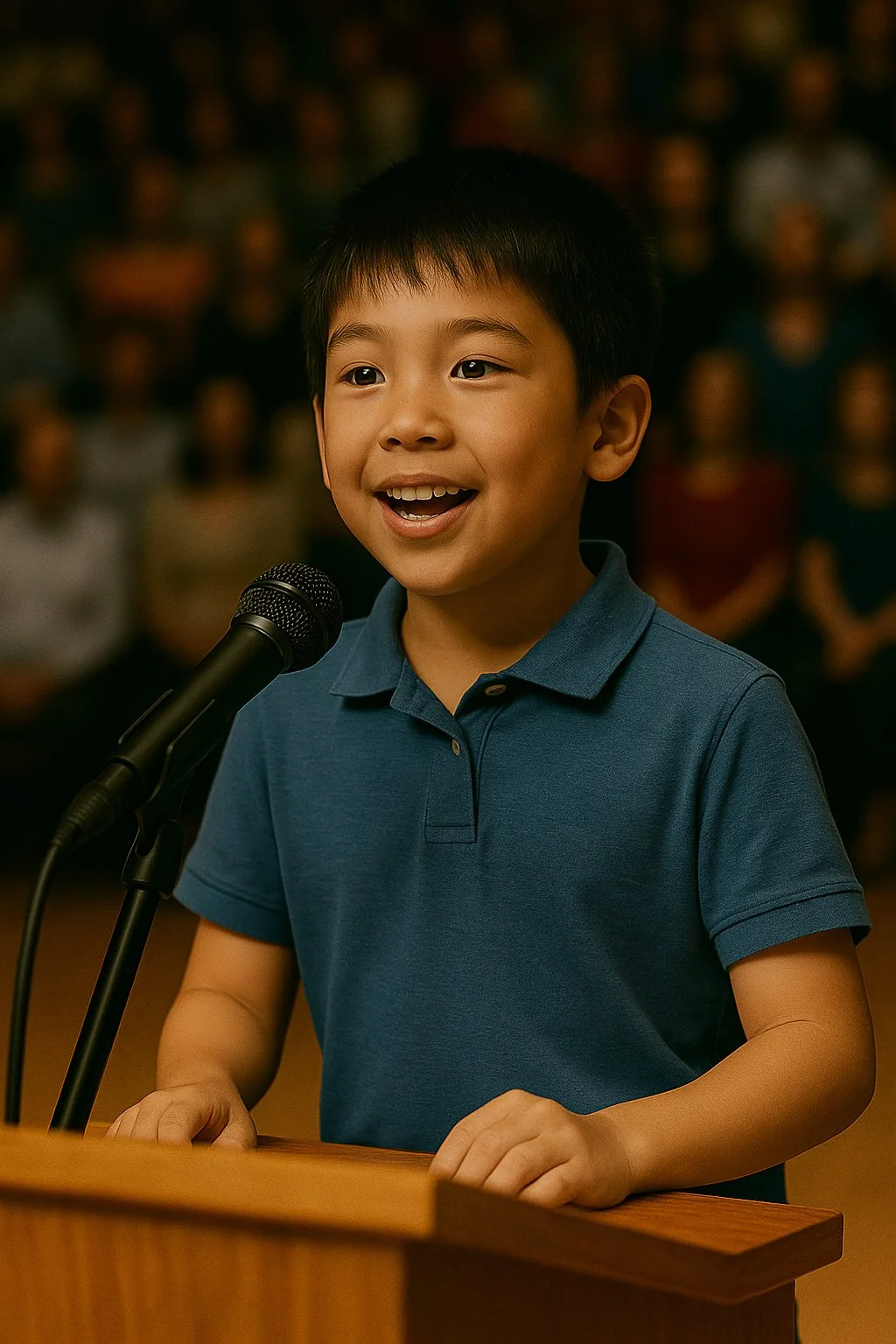 A young boy with black hair and wearing a blue polo shirt is speaking at a wooden podium with a microphone, smiling, with a blurred audience in the background.