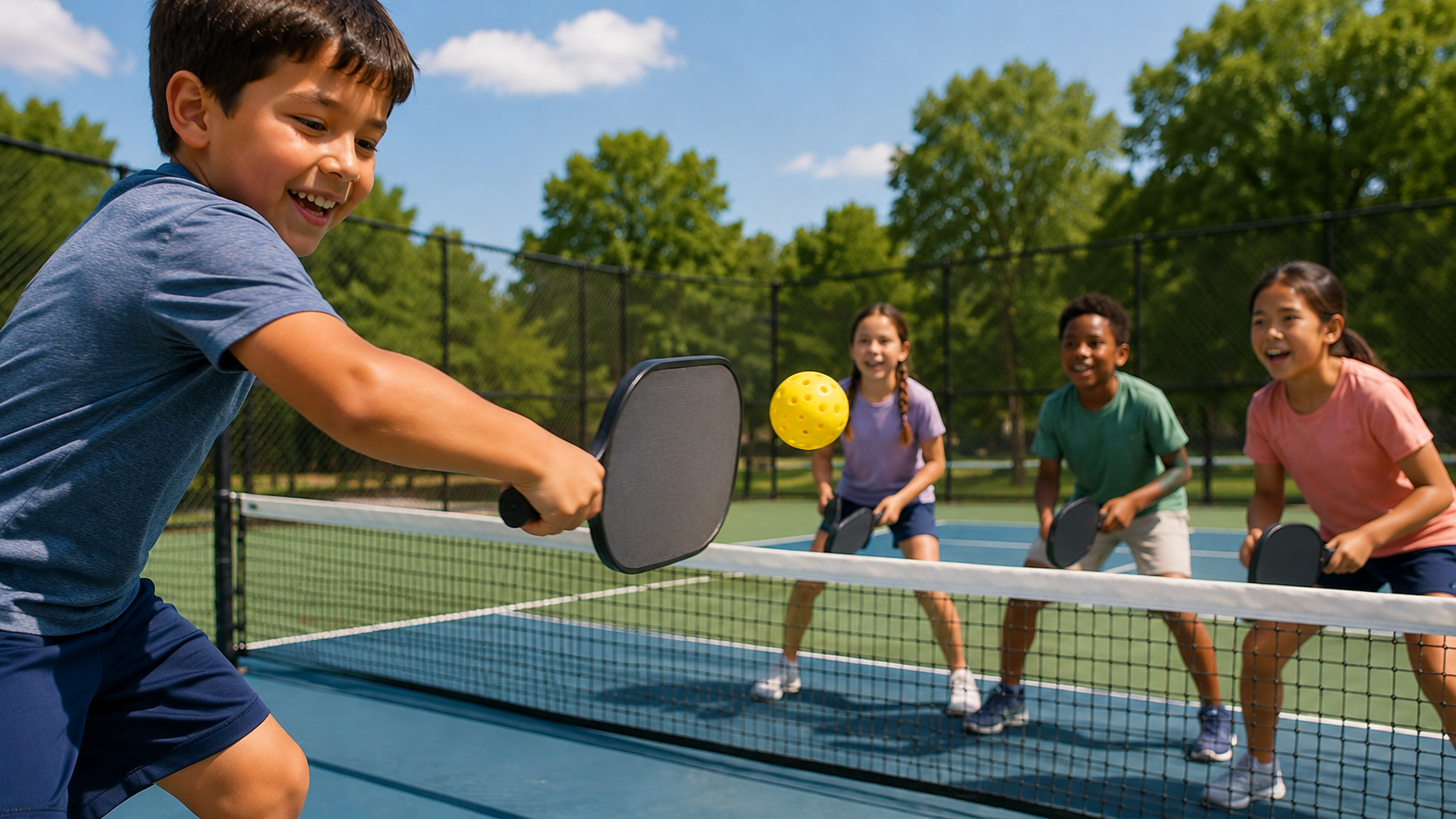 Four children playing pickleball outdoors on a sunny day, with green trees and a blue sky in the background. One boy in a blue shirt is hitting a yellow ball with a paddle, while three girls watch and prepare to hit the ball.