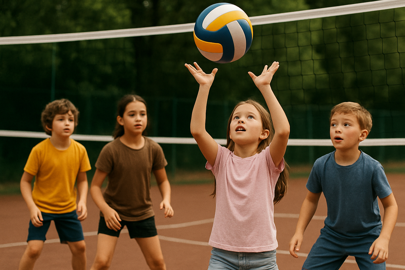 Children playing volleyball on an outdoor court with a net, set against a background of trees.