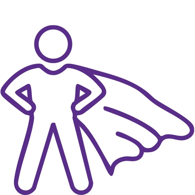 Outline drawing of a person with hands on hips wearing a cape, depicted in purple.