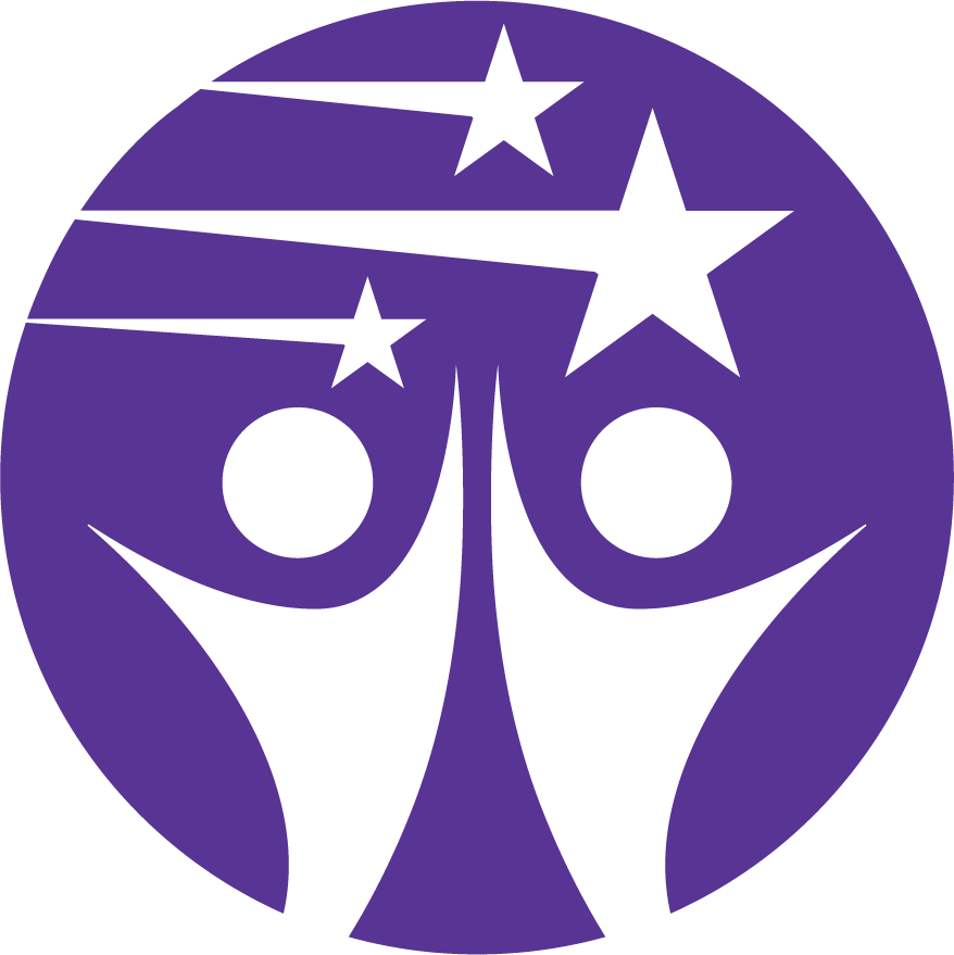 Silhouette of two figures holding up stars inside a purple circle.